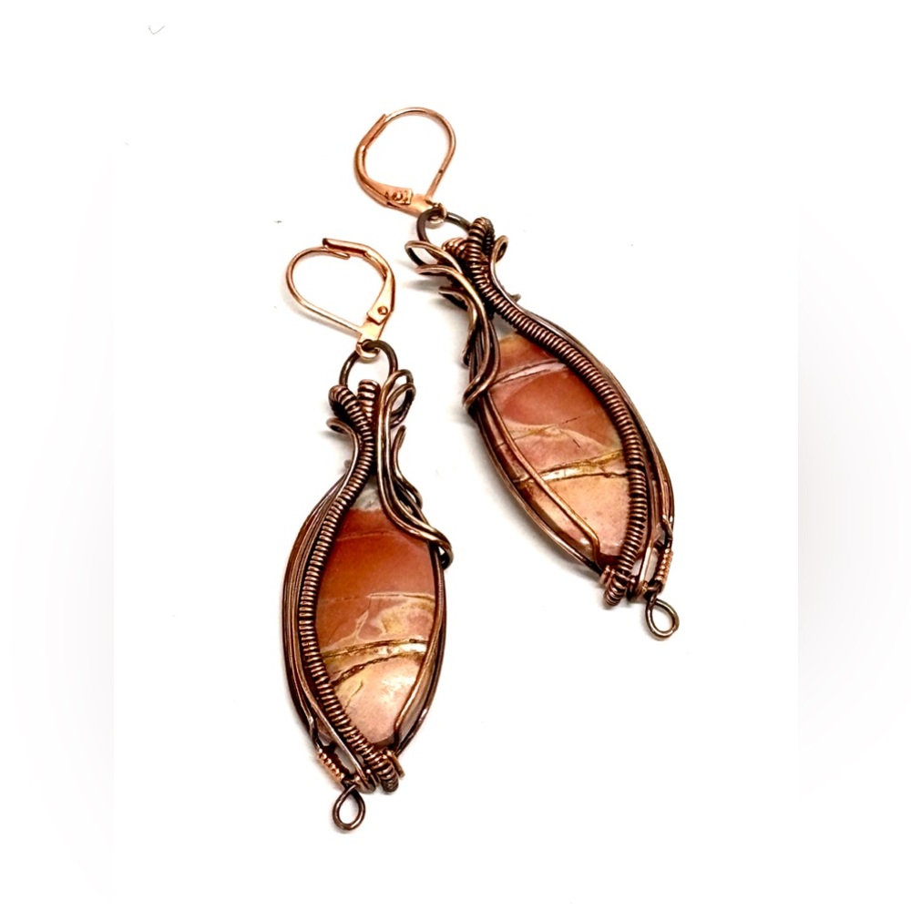 HAND CRAFTED Picture Jasper Wire Wrapped Copper Drop Earrings, Handmade Jewelry